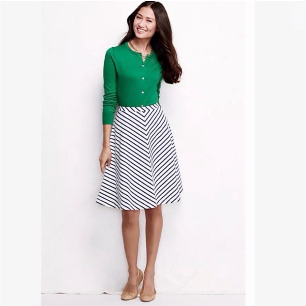•Lands’ End• Ponte Knit A-Line Navy Stripe Skirt - Size Medium - Picture 2 of 9